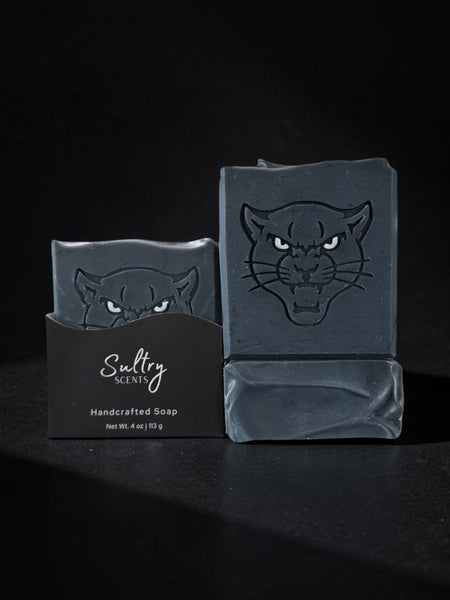 Sultry Scents handcrafted Sex Panther inspired soap with a panther design for a bold cleansing experience