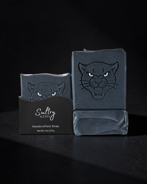Sultry Scents handcrafted Sex Panther inspired soap with a panther design for a bold cleansing experience