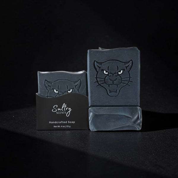 Sultry Scents handcrafted Sex Panther inspired soap with a panther design for a bold cleansing experience