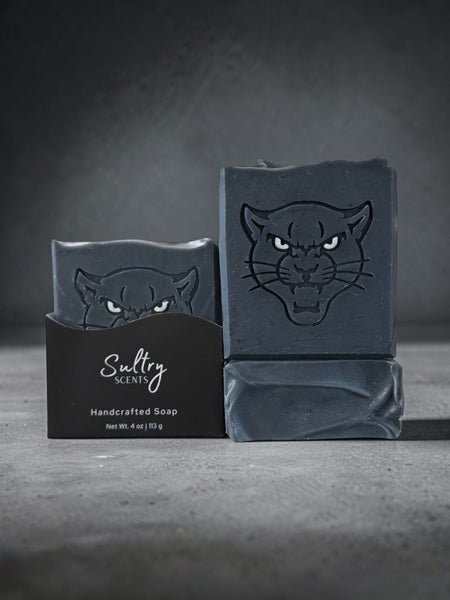 Sultry Scents Sex Panther inspired soap in sleek black packaging with a panther design