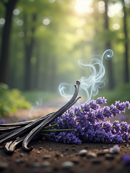 Smokey Vanilla Lavender Roll On - Guilty as Sin fragrance oil with vanilla pods and lavender flowers in a forest setting