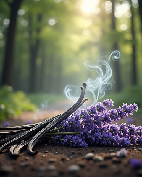 Smokey Vanilla Lavender Roll On - Guilty as Sin fragrance oil with vanilla pods and lavender flowers in a forest setting