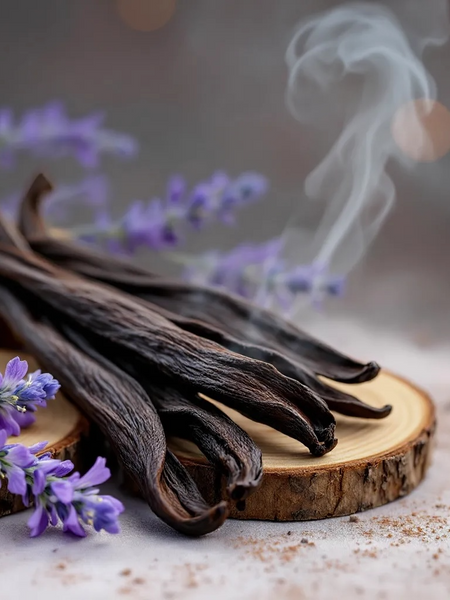 Smoky vanilla woods soap bar surrounded by vanilla pods and lavender flowers on a wooden surface