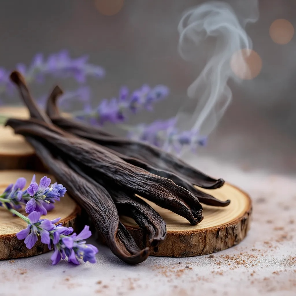 Smoky vanilla woods soap bar surrounded by vanilla pods and lavender flowers on a wooden surface