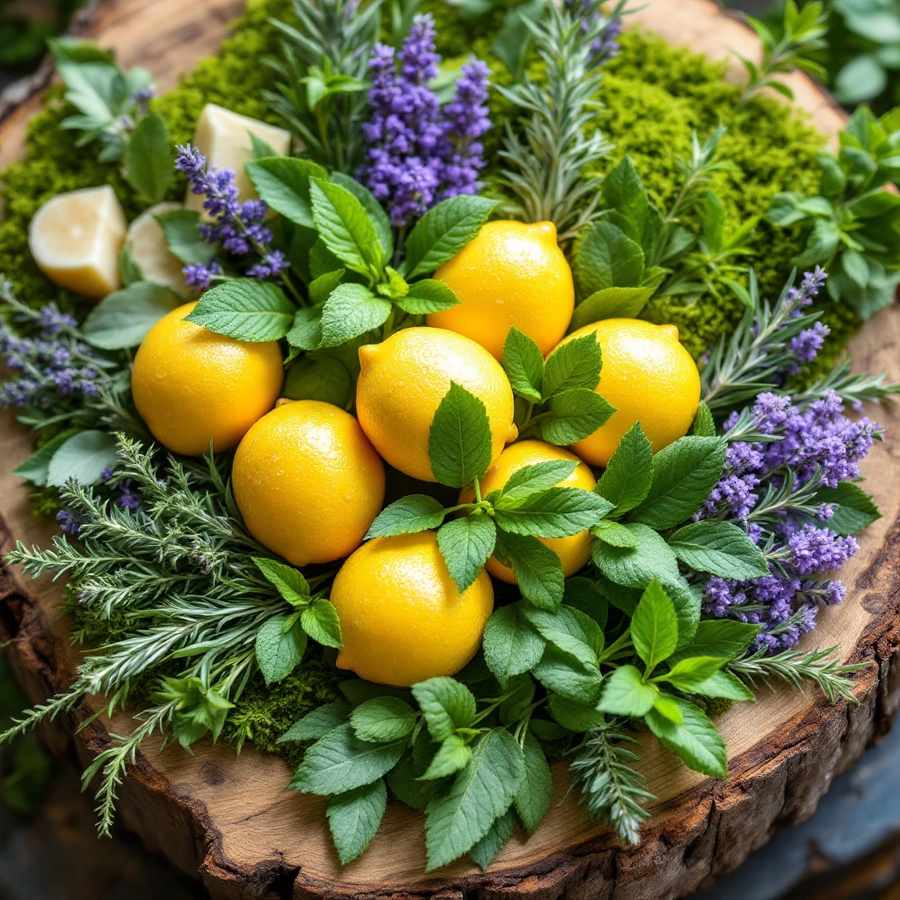 Lemon and herb arrangement featuring mint and lavender for Sultry Scents soap inspired by Polo Sport with grit