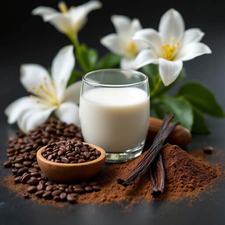 Soft Touch Goat Milk and Silk Soap Bar displayed with coffee beans and white flowers for a refreshing spa experience