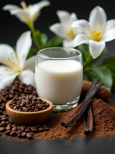 Soft Touch Goat Milk and Silk Soap Bar displayed with coffee beans and white flowers for a refreshing spa experience