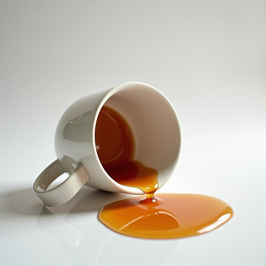 Spilled amber liquid from a white ceramic cup on a white surface Ritz hotel inspired foaming hand soap