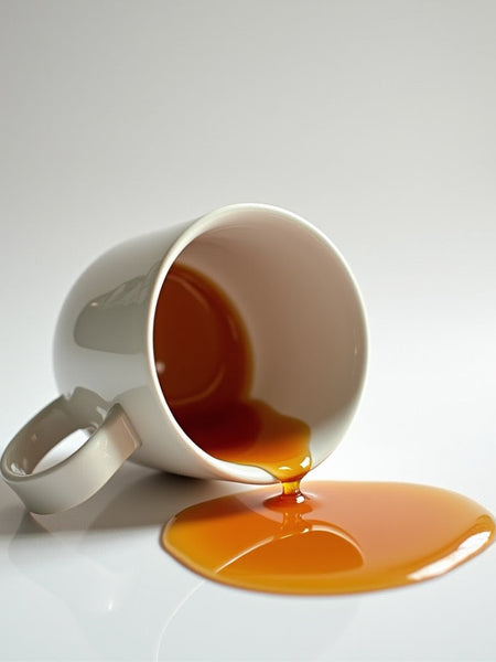 Spilled amber liquid from a white ceramic cup on a white surface Ritz hotel inspired foaming hand soap