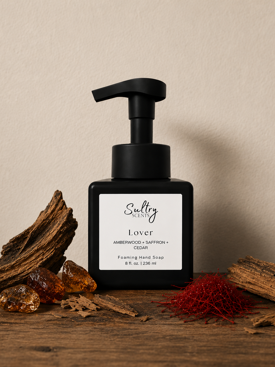 Sultry Scents Baccarat inspired foaming hand soap in sleek bottle with amberwood and saffron accents