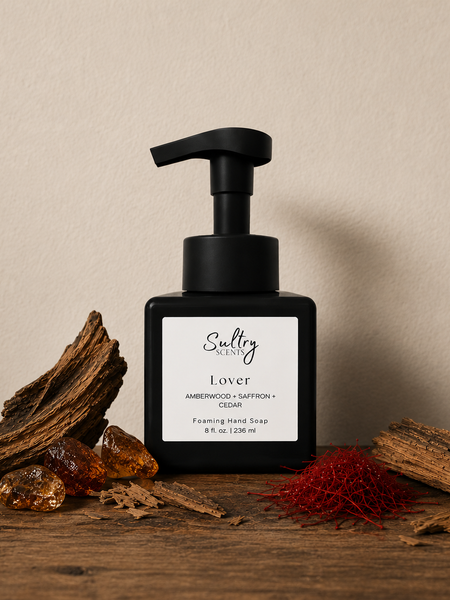 Sultry Scents Baccarat inspired foaming hand soap in sleek bottle with amberwood and saffron accents