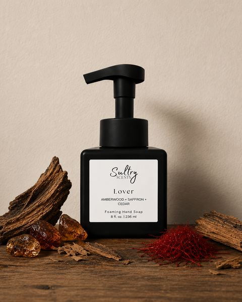 Sultry Scents Baccarat inspired foaming hand soap in sleek bottle with amberwood and saffron accents