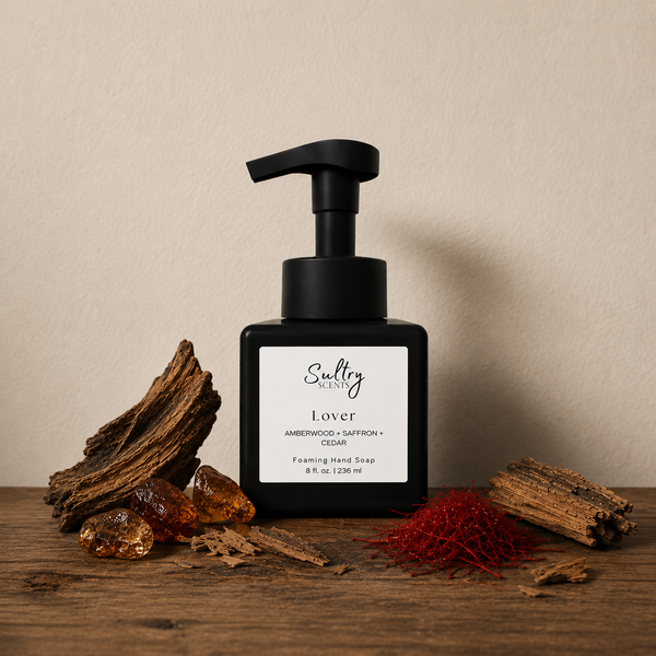 Sultry Scents Baccarat inspired foaming hand soap in sleek bottle with amberwood and saffron accents