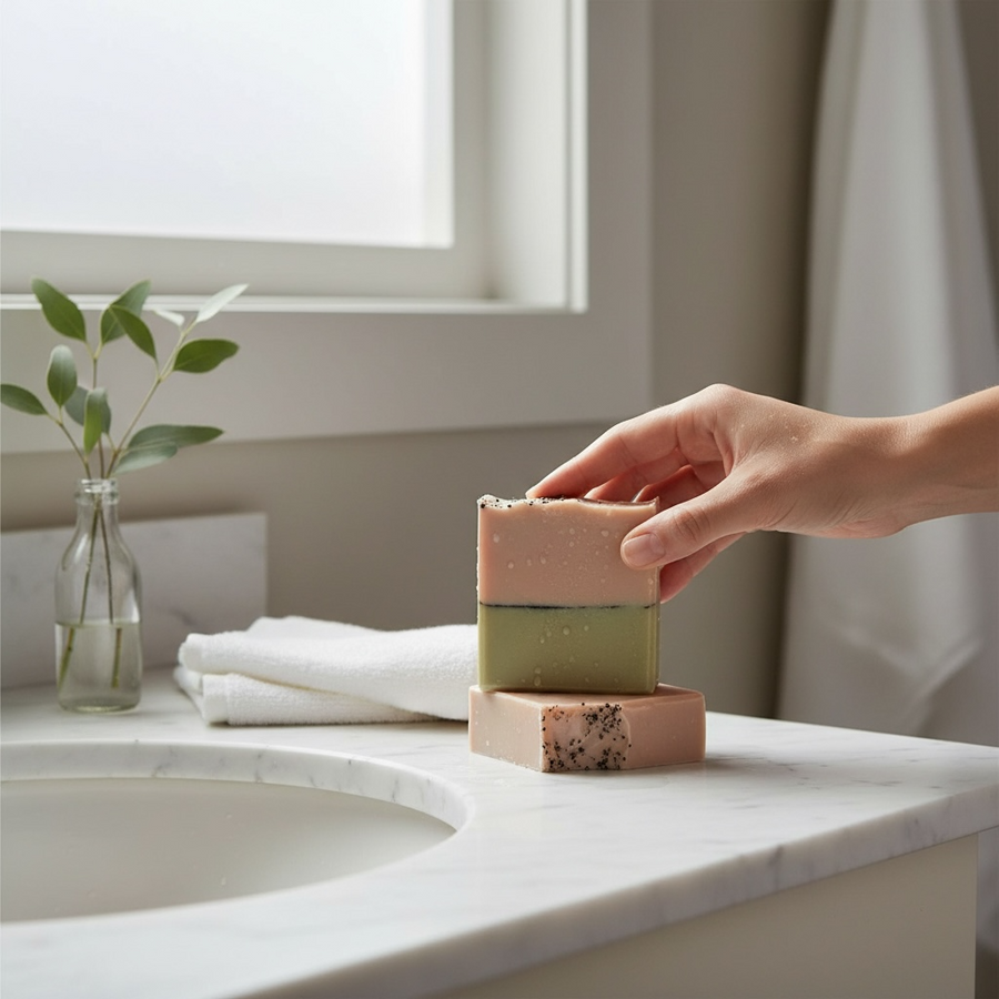 Hand holding stacked All natural goat milk soap bars in a modern bathroom setting