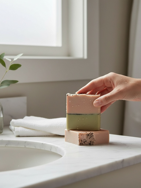 Hand holding stacked All natural goat milk soap bars in a modern bathroom setting