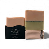 Three bars of handcrafted Sultry Scents all natural goat milk soap with unique colors and textures