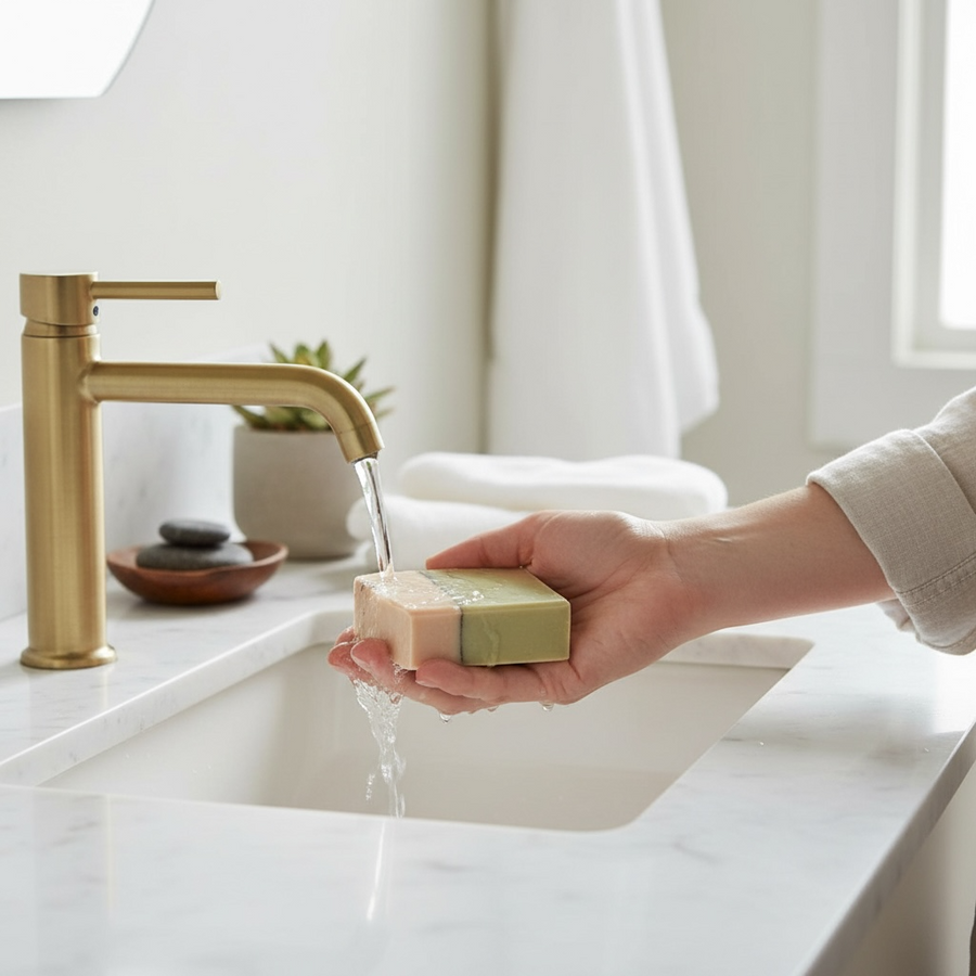 Person using all natural goat milk soap at a modern bathroom sink with a stylish faucet