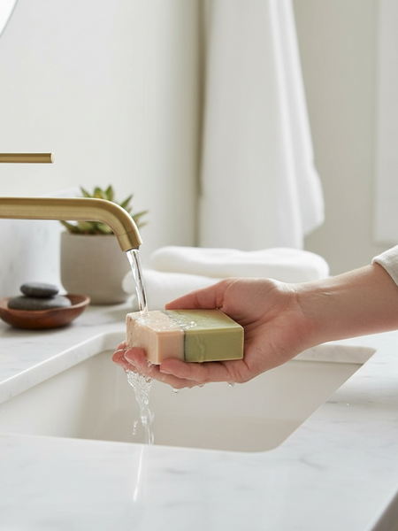 Person using all natural goat milk soap at a modern bathroom sink with a stylish faucet
