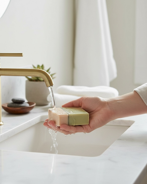 Person using all natural goat milk soap at a modern bathroom sink with a stylish faucet