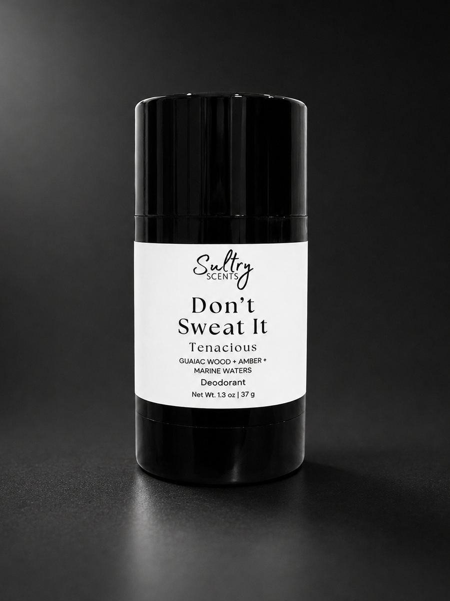 Sultry Scents Don't Sweat It Aluminum Free Deodorant in a sleek black stick packaging scented in Tenacious