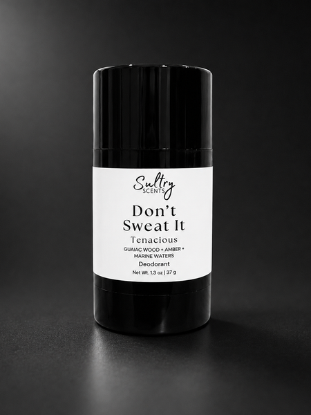 Sultry Scents Don't Sweat It Aluminum Free Deodorant in a sleek black stick packaging scented in Tenacious