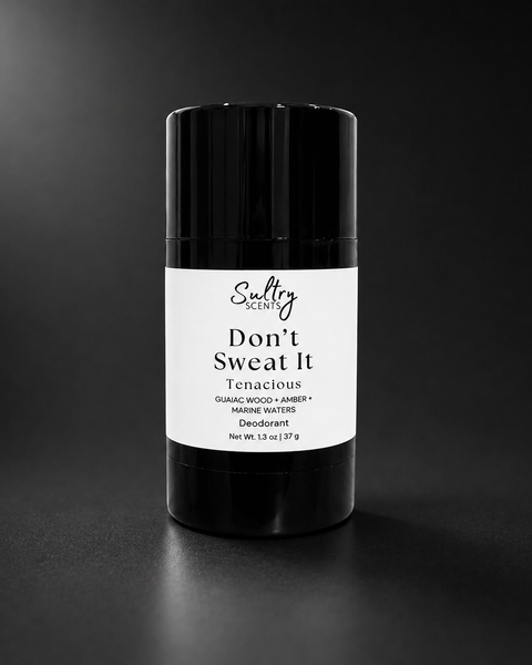 Sultry Scents Don't Sweat It Aluminum Free Deodorant in a sleek black stick packaging scented in Tenacious