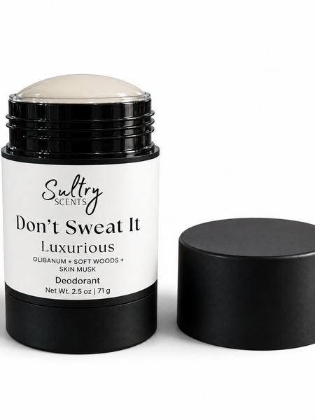 Sultry Scents Don't Sweat It Aluminum Free Deodorant in a sleek black container for a refreshing scent
