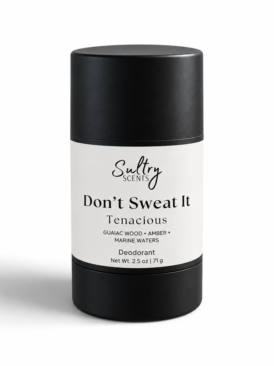 Sultry Scents Don't Sweat It Deodorant in a sleek black stick, aluminum free deodorant with guaiac wood and amber