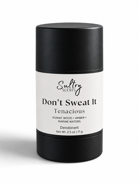 Sultry Scents Don't Sweat It Deodorant in a sleek black stick, aluminum free deodorant with guaiac wood and amber