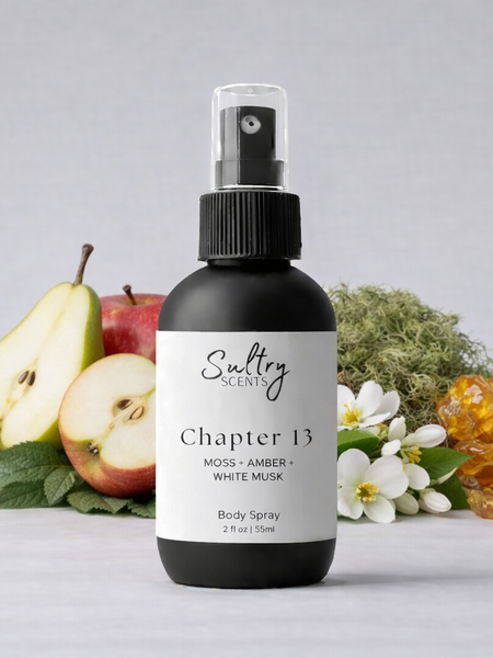Sultry Scents Chapter 13 Body Spray featuring notes of moss, amber, and white musk, a Another 13 dupe body spray