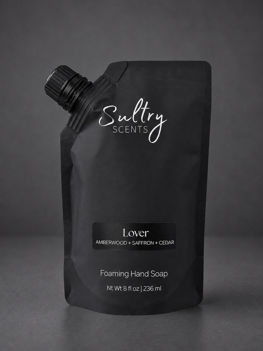 Sultry Scents Lover Baccarat inspired foaming hand soap in a sleek black refill pouch with easy-pour cap