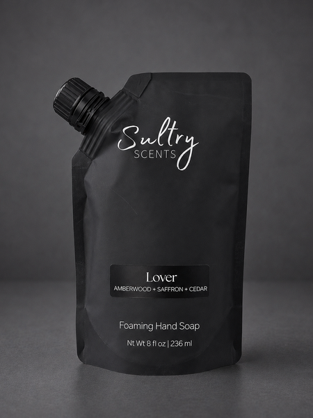 Sultry Scents Lover Baccarat inspired foaming hand soap in a sleek black refill pouch with easy-pour cap