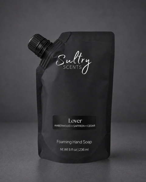 Sultry Scents Lover Baccarat inspired foaming hand soap in a sleek black refill pouch with easy-pour cap