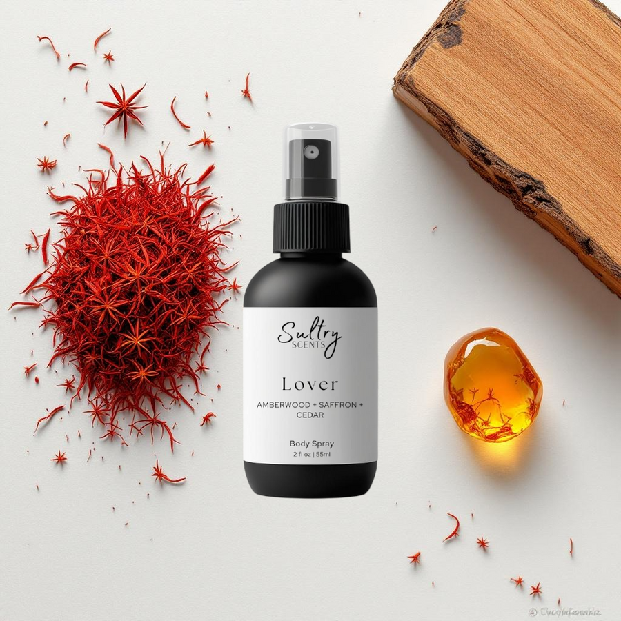 Sultry Scents Lover black body spray bottle with saffron and amber resin on white background Baccarat Rouge 540 dupe body spray