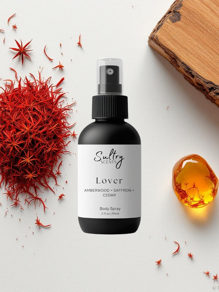 Sultry Scents Lover black body spray bottle with saffron and amber resin on white background Baccarat Rouge 540 dupe body spray
