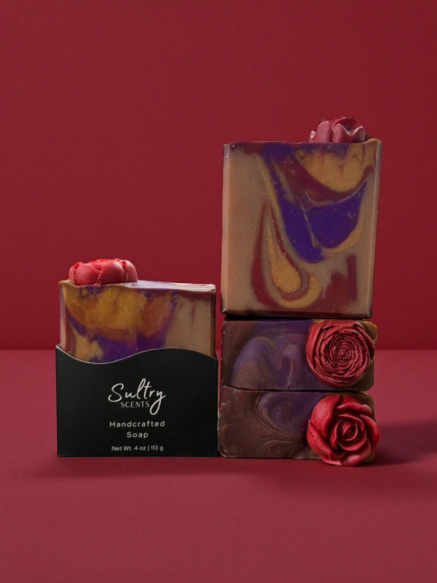 Baccarat Rouge 540 inspired luxury soap in vibrant colors with rose accents from Sultry Scents