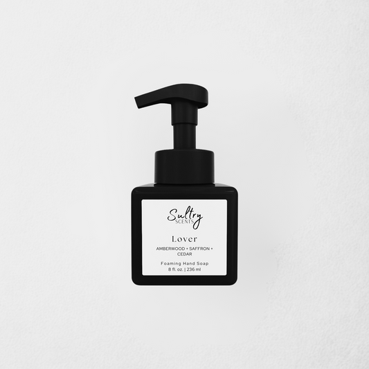 Sultry Scents Lover Baccarat Rouge dupe foaming hand soap in black square pump bottle