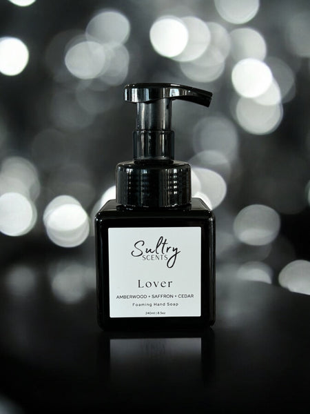 Sultry Scents Lover Baccarat Rouge dupe foaming hand soap in a black pump bottle with amberwood saffron cedar scent