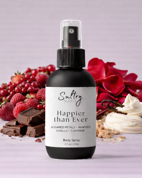 Sultry Scents Happier Than Ever Body Spray with notes of whipped vanilla, cashmere, and berries, a Billie Eilish fragrance dupe