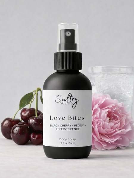Sultry Scents Love Bites Black Cherry Body Spray with Peony and a glass of effervescence