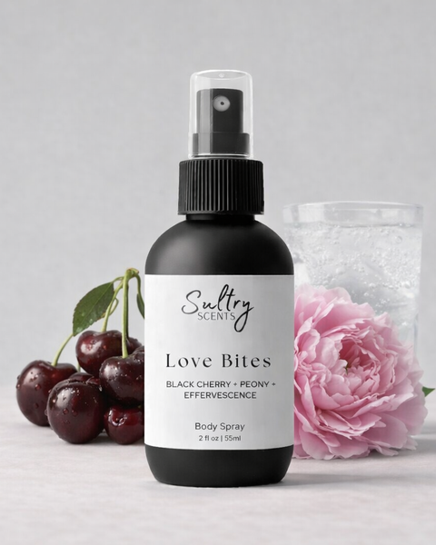 Sultry Scents Love Bites Black Cherry Body Spray with Peony and a glass of effervescence
