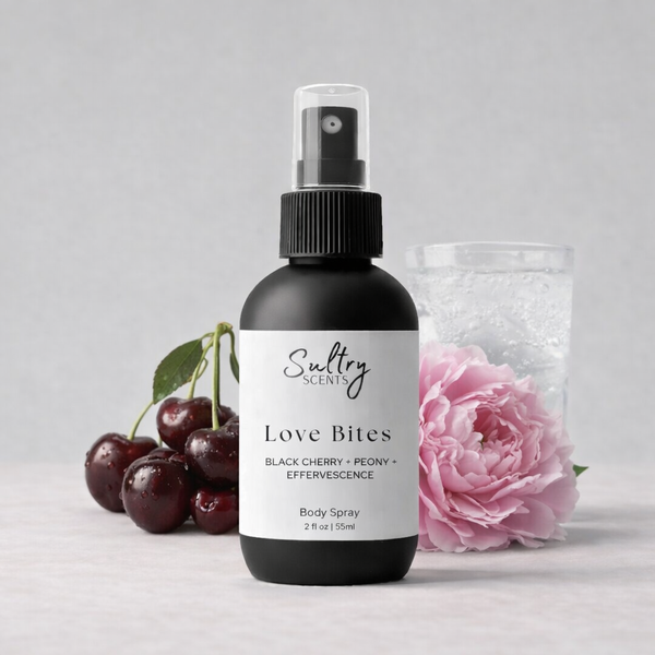 Sultry Scents Love Bites Black Cherry Body Spray with Peony and a glass of effervescence