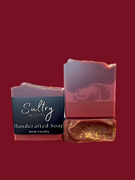Sultry Scents Black Cherry Silk soap bar handcrafted with rich red and purple tones and gold flecks