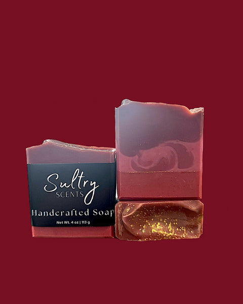 Sultry Scents Black Cherry Silk soap bar handcrafted with rich red and purple tones and gold flecks