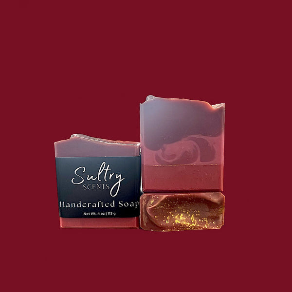 Sultry Scents Black Cherry Silk soap bar handcrafted with rich red and purple tones and gold flecks
