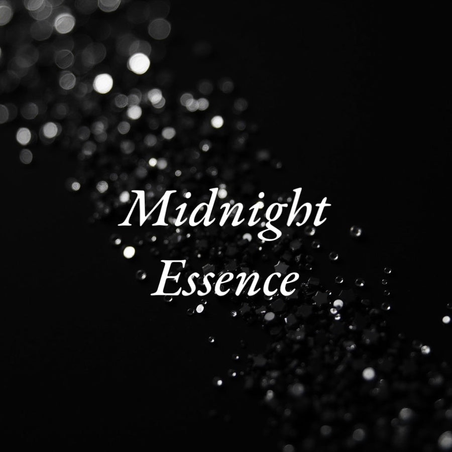 Sultry Scents Midnight Essence branding on black glitter bokeh background Black Opium inspired body spray