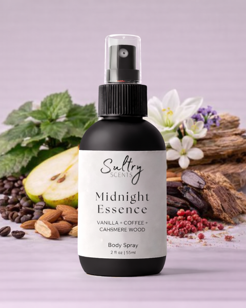 Sultry Scents Midnight Essence Body Spray with Vanilla, Coffee, and Cashmere Wood, inspired by Black Opium