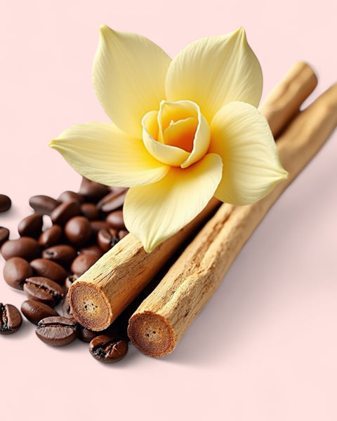 Black Opium inspired body spray fragrance notes shown as vanilla flower coffee beans and cinnamon sticks