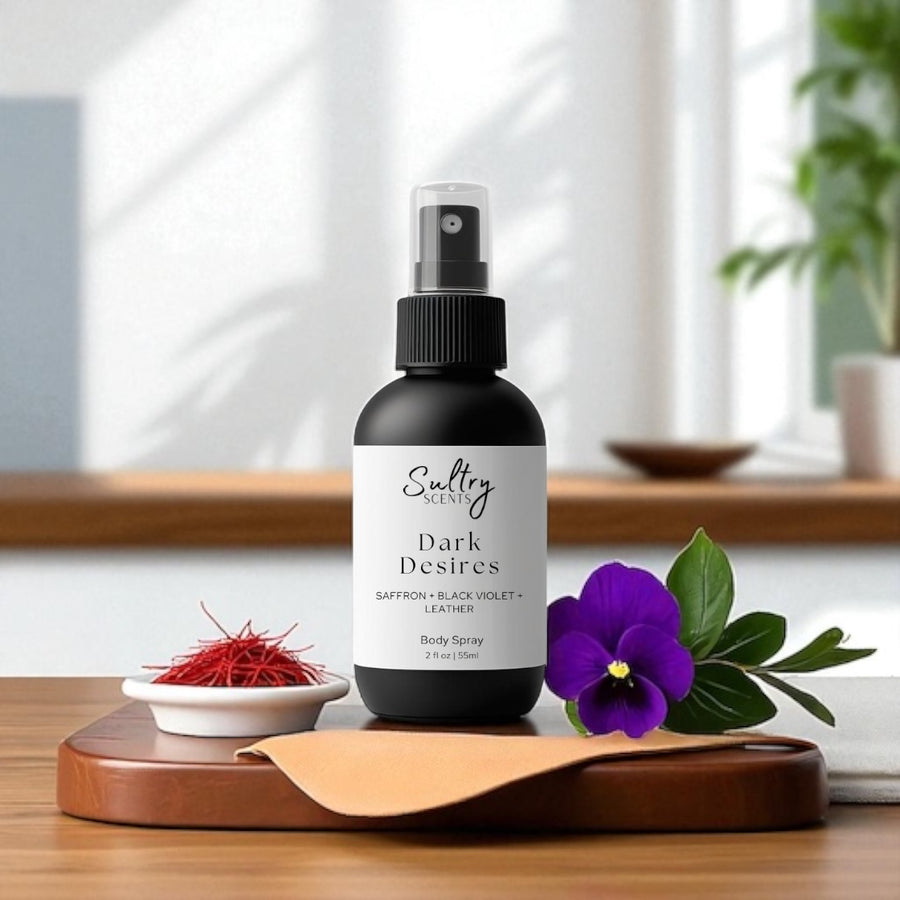 Sultry Scents Black saffron dupe body spray Dark Desires with saffron black violet and leather scent