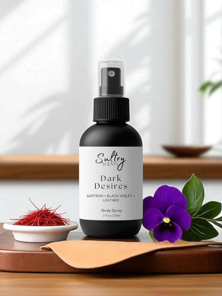 Sultry Scents Black saffron dupe body spray Dark Desires with saffron black violet and leather scent